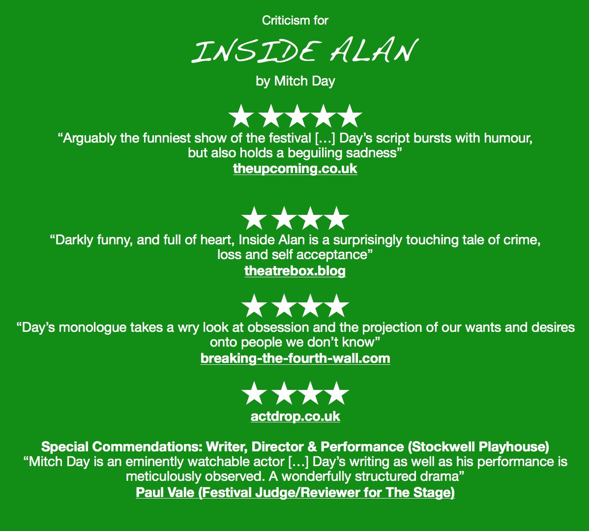 MitchDayUK's tweet photo. Thank you so much to everyone that's seen #InsideAlan and for all the kind words. Biggest thanks to @AnthonyDirector for fantastic Direction, @SpaceArtsCentre for #OneFest18 & @StockwellPHouse for #OneActFestival where the play began. https://t.co/LM2YzydczV