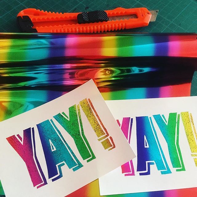 Woahpickle's tweet photo. Quick bit of foiling with the new rainbow roll and out to lunch! Look how shiny! It’s going to be a nightmare to photograph!! 🌈🤩🌈 #foilart #goldfoil #soshiny #iloveshinythings #tonerfoil #illustration #printmaking #printmakers #craftsposure #makersgo… https://t.co/XccPxYvo2Z https://t.co/jLN94mFF3t