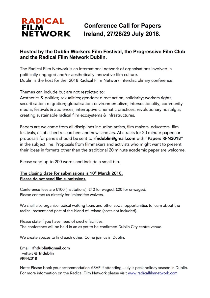 rfndublin's tweet photo. Not enough of you have seen this!
Call for papers! the @RadFilmNet conference is in Dublin this July #RFN2018
Be a part of the most exciting film conference in the world!
Plz RT! https://t.co/2mtsQcf9gN