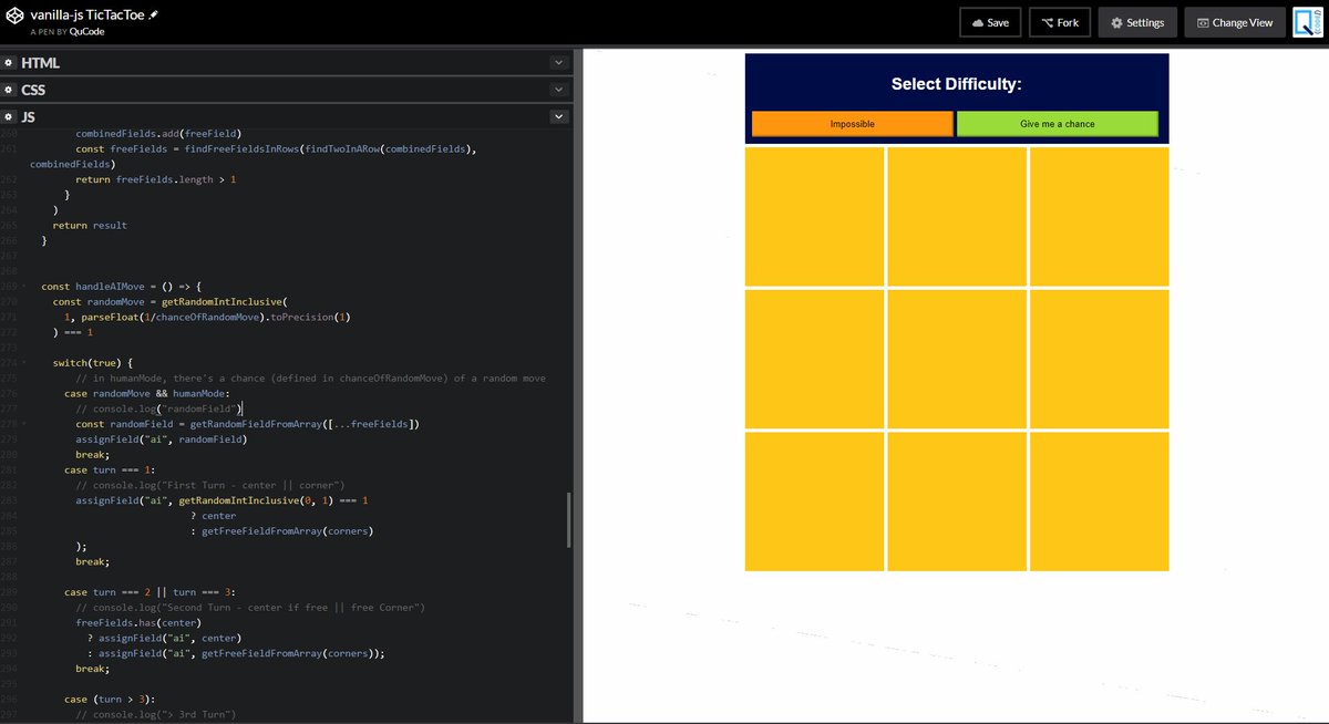 qucode's tweet image. D73/74 It took me a little longer than expected, but I finally finished the tic tac toe challenge for @freeCodeCamp. 
codepen.io/Quinius/full/Y…
#100DaysOfCode