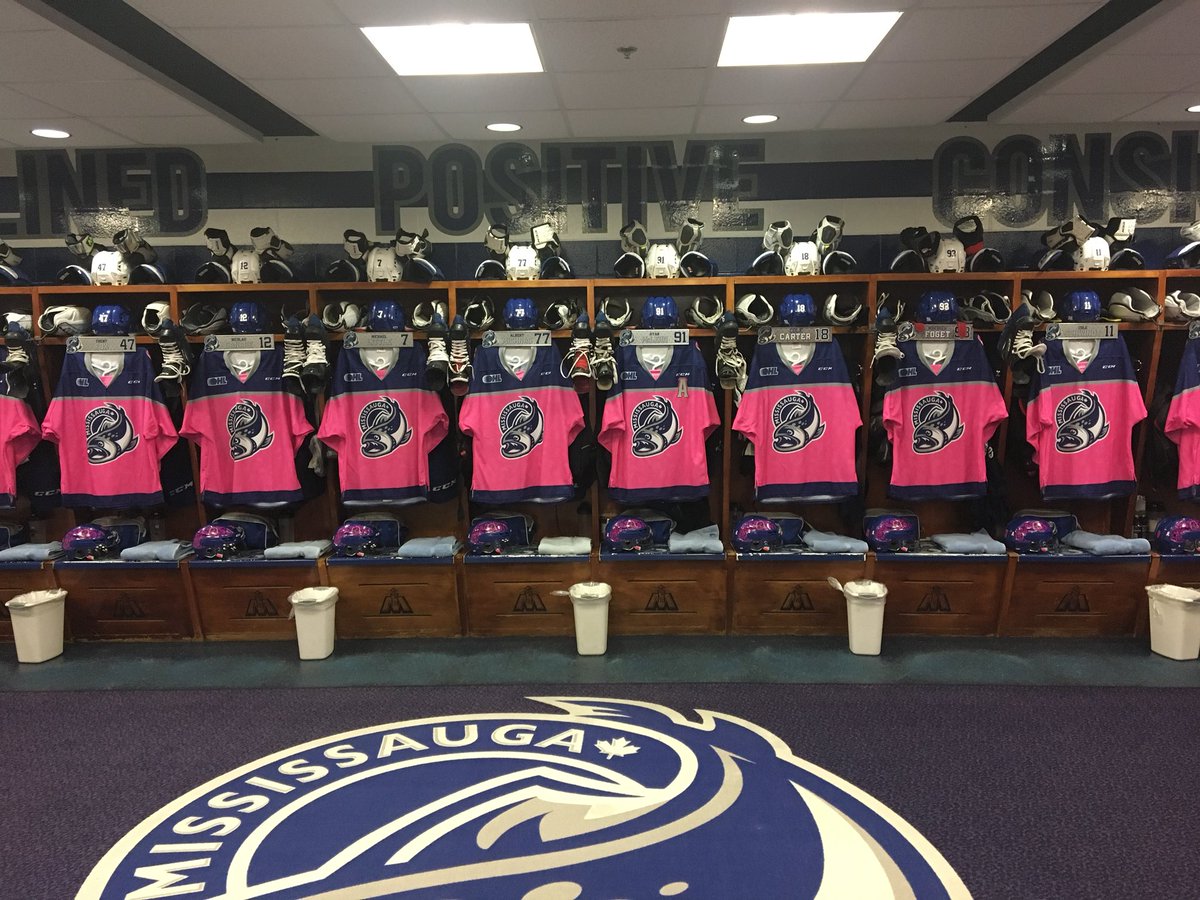 Annual Pink In The Rink game today <a href="/OHLSteelheads/">Brampton Steelheads</a>. This year we went with a paisley print inside the jerseys.  #basandvilliebabyarecoming