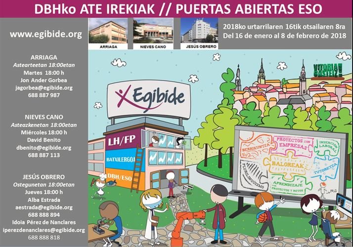 EGIBIDE's tweet photo. Desde el lunes, 29 de enero, hasta el viernes 9 de febrero, período de admisión para la ESO. 
Horario de secretarías de ARRIAGA, JESÚS OBRERO y NIEVES CANO:
- De lunes a jueves, de 8:00 a 19:00
- Viernes, de 8:00 a 15:00 y de 16:00 a 18:00
Ongi etorri zure proiektuen eskolara! https://t.co/VNvpvpy5Qz