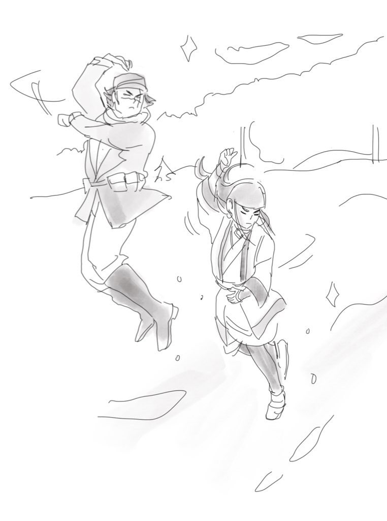 Asirpa doodle from a while ago, and her and sugimoto spinning based on a vine 