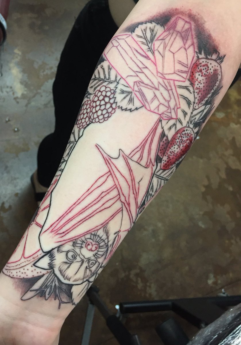 AshleyGx23's tweet photo. First session done 💖🦇💉
#tattoo #flyingfoxbat #crystals #fruit https://t.co/yyYfRop8F3