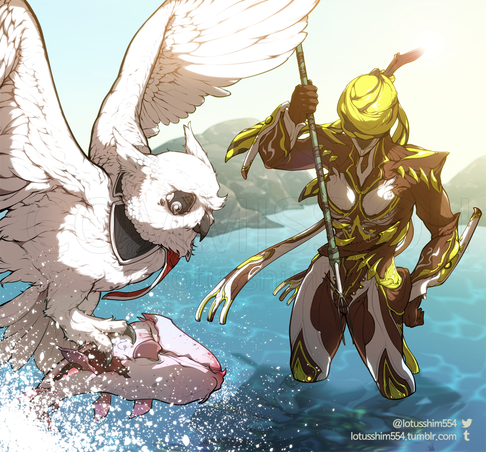 lotusshim554's tweet photo. #warframe commission for @MaBeanOwl , Mesa and owl(his persona) had great time with fishing, sry for Mortus :p https://t.co/OKHrMGTZbL