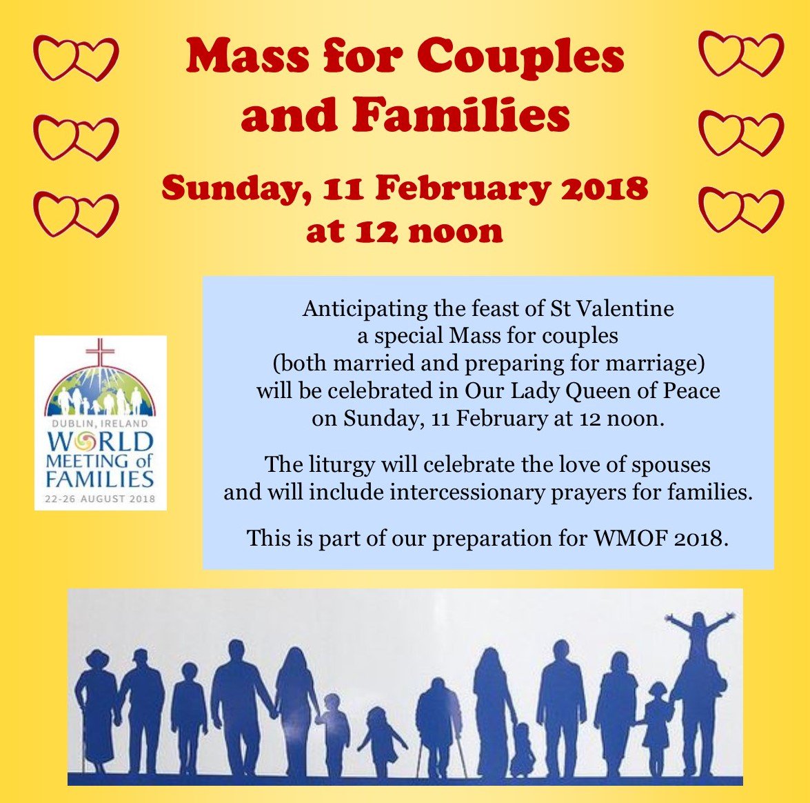 MerrionRdChurch's tweet photo. Our Lady Queen of Peace invites you to join us at 12 noon Mass on Sunday 11 February to celebrate married love and the family. Refreshments afterwards. https://t.co/wOWKnoLLs3
