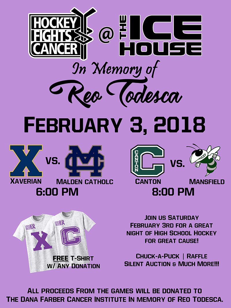 CantonHSHockey's tweet photo. Join us next Saturday Feb 3rd as we team up with @XaverianHockey to support @DanaFarber in memory of Reo Todesca. Reo was a beloved friend to many in the Canton hockey community. X takes on MC at 6pm, and the Bulldogs host @MansfieldPuck at 8pm. https://t.co/SMgZDiD0uL
