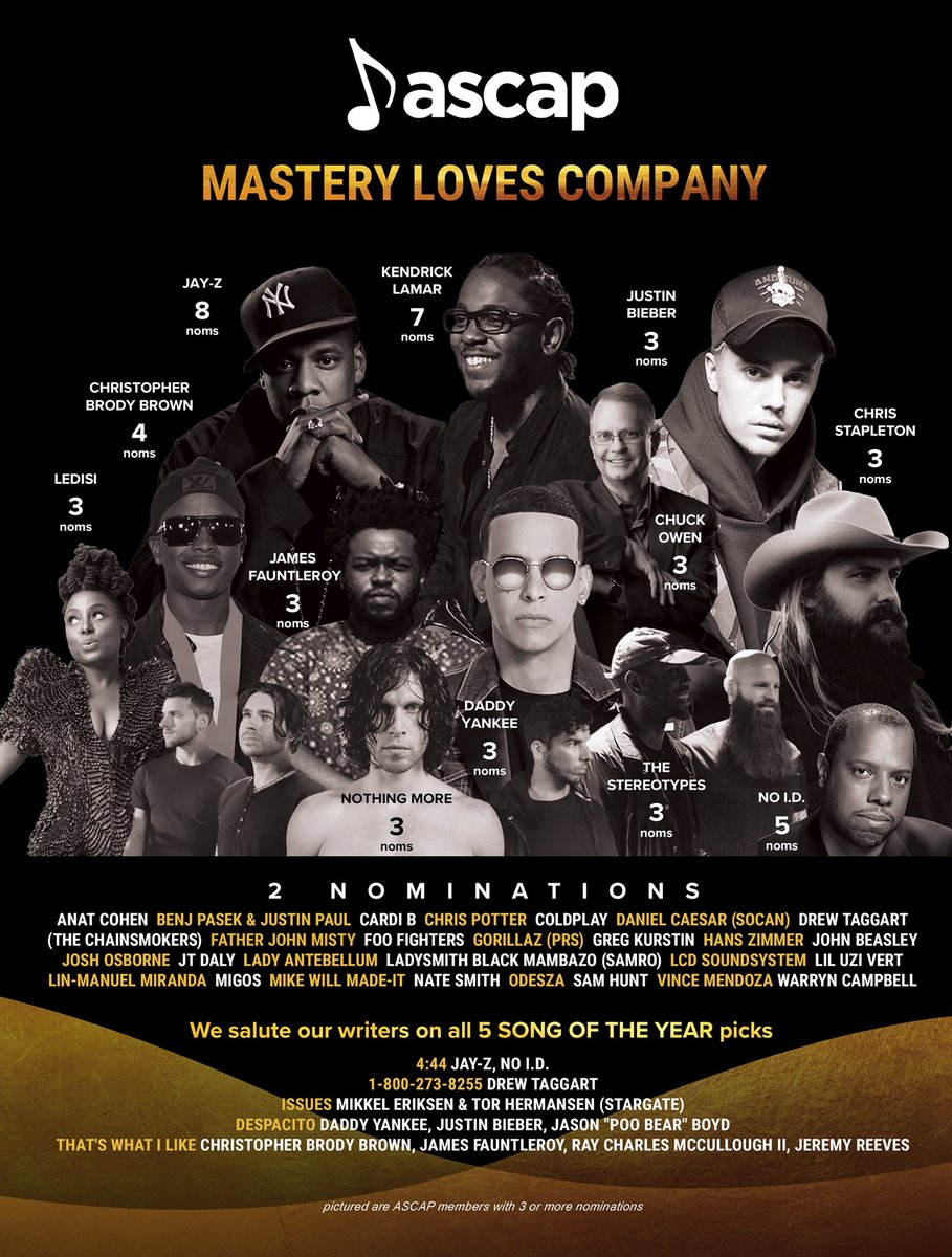 ASCAP's tweet photo. We congratulate all of our 2018 #Grammys award nominees 🏆 #ASCAPGrammys https://t.co/merUiq16Wz https://t.co/2iTYVLPfi5