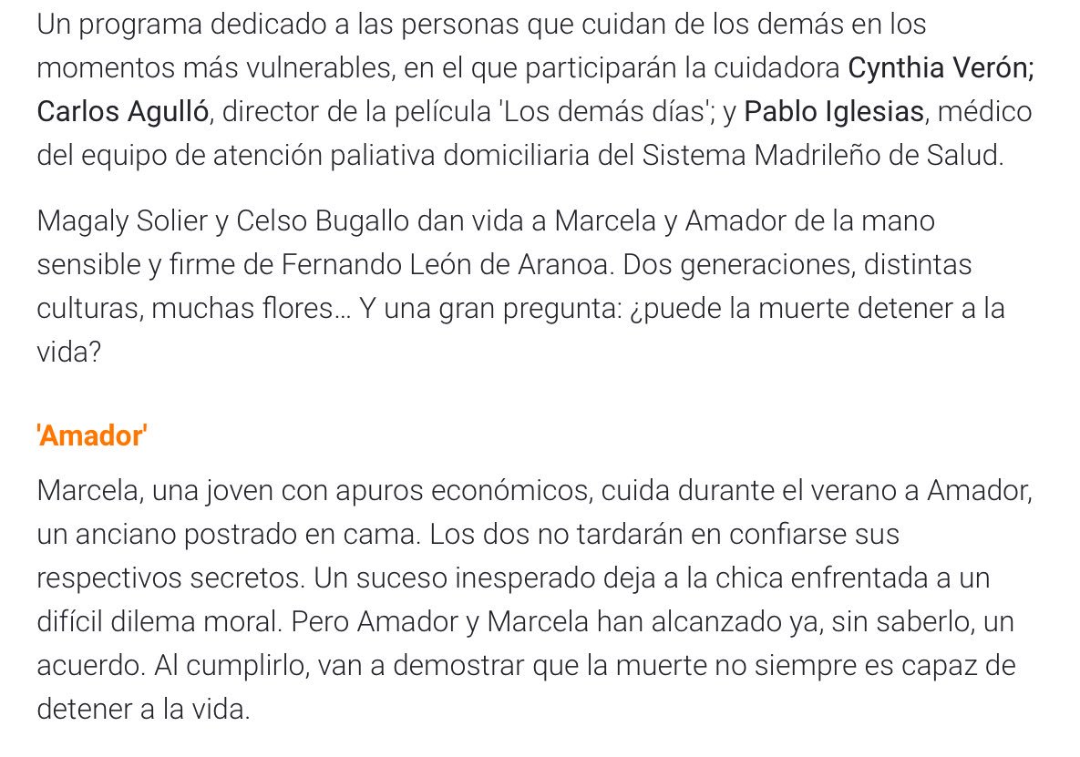 Los #CuidadosPaliativos domiciliarios
esta noche 22:30h en <a href="/la2_tve/">La 2</a>
'Amador', un drama social q dirigió 
Fdo. @LeonAranoa en <a href="/Version_TVE/">Versión Española</a>
En coloquio C. Verón cuidadora
@carloscarlos74 dtor. <a href="/losdemasdias/">Los demás días</a>
Dr. Pablo Iglesias #paliativos
#PaliativosVisibles
rtve.es/rtve/20180126/…