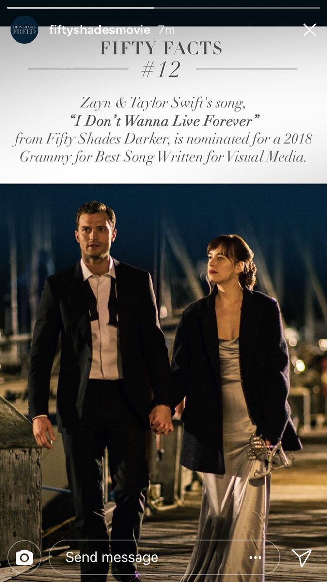 50shadesromance's tweet photo. #12DaysToFSF #FiftyFacts Zayn &amp; Taylor Swift’s song, “I Don’t Wanna Live Forever” from #FiftyShadesDarker, is nominated for a 2018 Grammy for Beat Song Written for Visual Media. https://t.co/NfyBvs9gE1