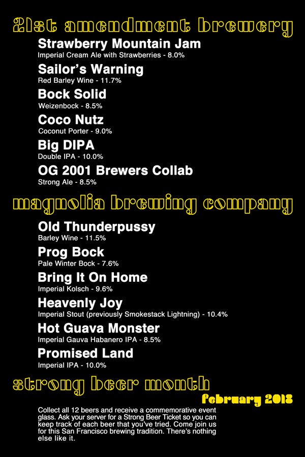 shaunosullivan's tweet photo. February is almost here &amp; the return of #StrongBeerMonth, our 10th annual homage to high gravity beers with our pals at @magnoliabeer kicks off on Thursday, February 1st when we'll be releasing 6 different BIG beers for your #craftbeer enjoyment at our @21stAmendment SF pub. https://t.co/rAmHpT1WRg
