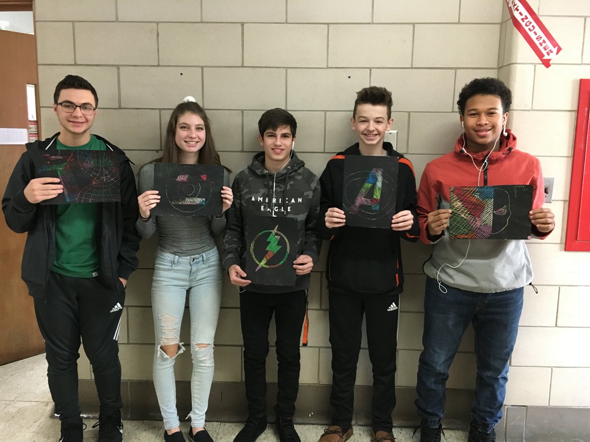 Congrats Artists of the week, SHS Period 3 Fine Craft Students! Classes were introduced to the drawing techniques of hatching and cross-hatching. These 5 students coordinated their scratch art projects and each scratched the logo of a superhero squad or a superhero themselves.