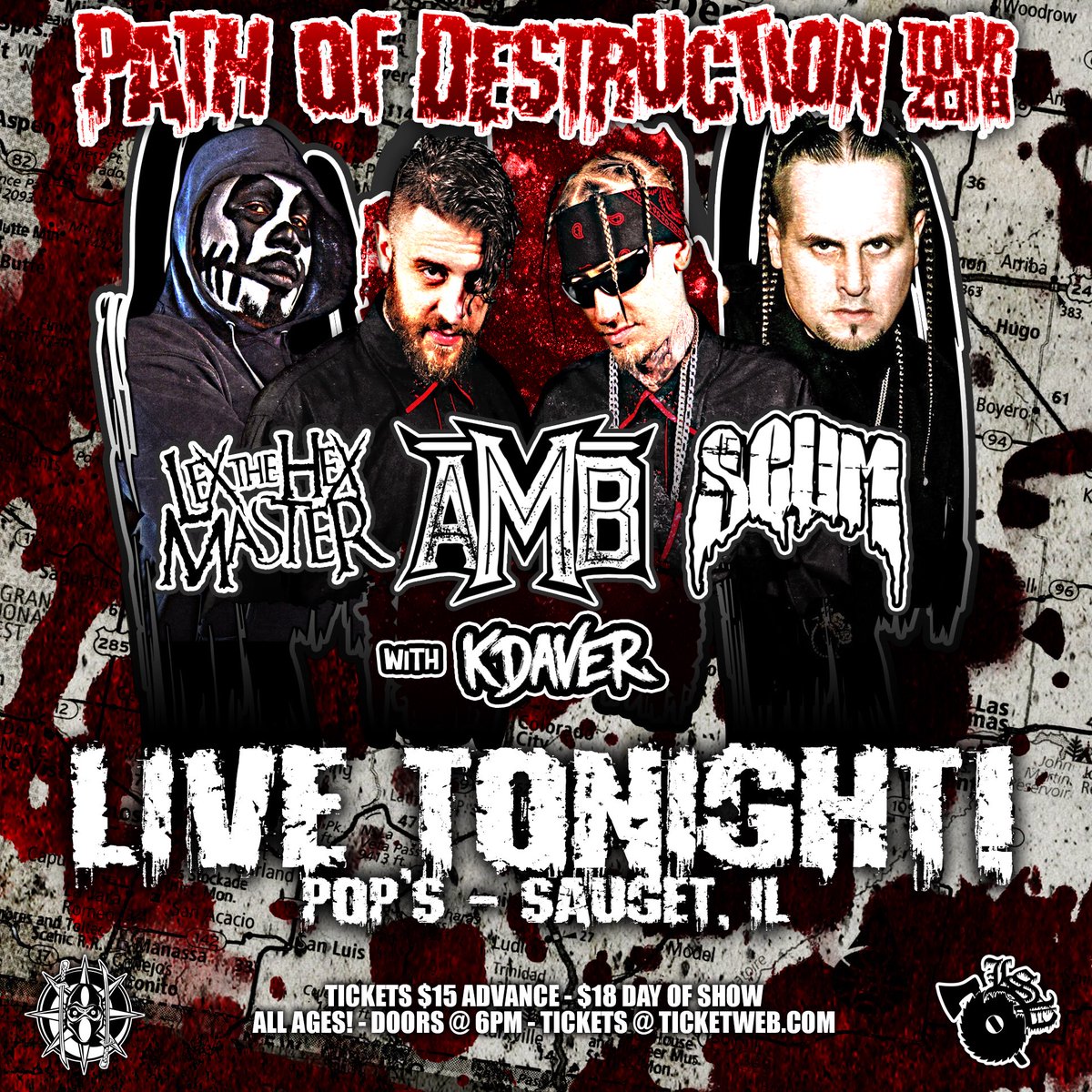 AxeMurderBoyz's tweet photo. Oh snap it’s Pops again! It’s going down big tonight come see us! #pathofdestructiontour #amb #axemurderboyz #bonezdubb #youngwicked #lexthehexmaster #scum #kdaver #undergroundmusic #underground #murder #muerteiscoming https://t.co/M3OSzrTO6l