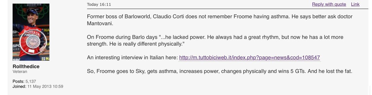 Claudio Corti, Froome’s boss from Barloworld; “Froome never had asthma (at Barloworld) and lacked power” 🤔