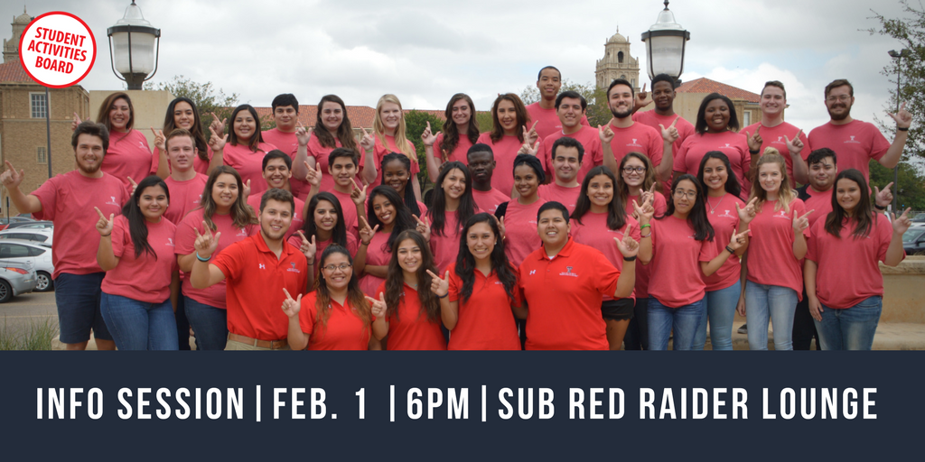 TexasTechSAB's tweet photo. Deadline to join the board is approaching soon! Come on out and learn who we are and what we do! This Thursday, February 1 at 6pm SAB will host an info session at 6pm in the SUB Red Raider Lounge! #FreeStudentEvents #JoinUs https://t.co/tpXhHwsT6D