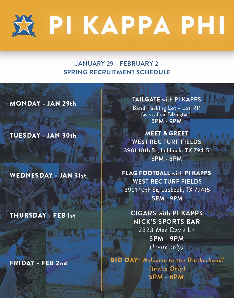Official Spring Rush 2018 starts tomorrow!! Come and chill with the brothers of Pi Kappa Phi follow our schedule.
Rush Pi Kapp⚔️ #GoGreek