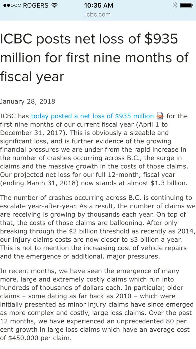 richardzussman's tweet photo. ICBC has posted a nearly $1 billion loss in the first 9 months of the fiscal year. NDP are clearly dealing with a massive mess handed over from the previous government. #BCpoli https://t.co/LHCd2AzE6z