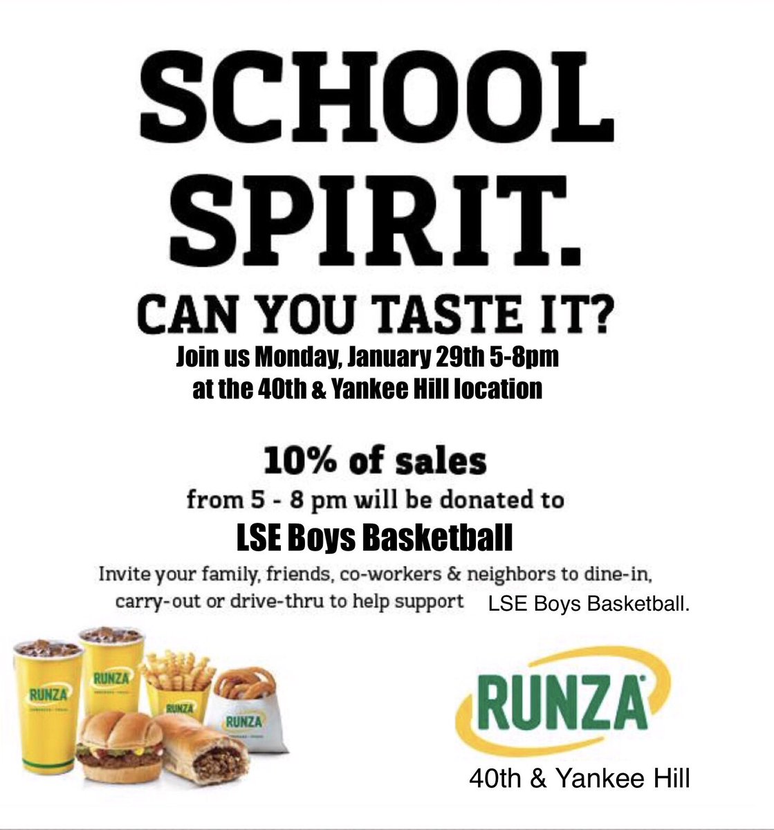 LSEBBasketball's tweet photo. Who doesn’t love some Runza! Come out tomorrow night and support the Knights BBB players! #KnightPride https://t.co/528vC9g2aE