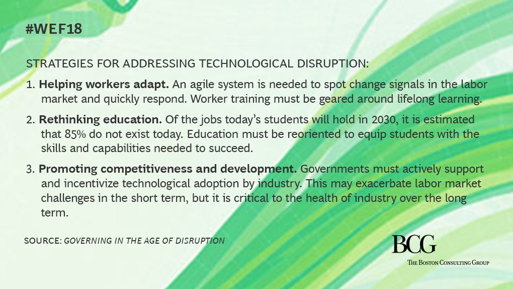 Traditional jobs in nearly every industry will soon be redesigned or eliminated by technology. At the same time, there will be shortages in the high-skilled workforce companies will need to compete. Governments must confront this challenge head on. #wef18 
on.bcg.com/2F952mV