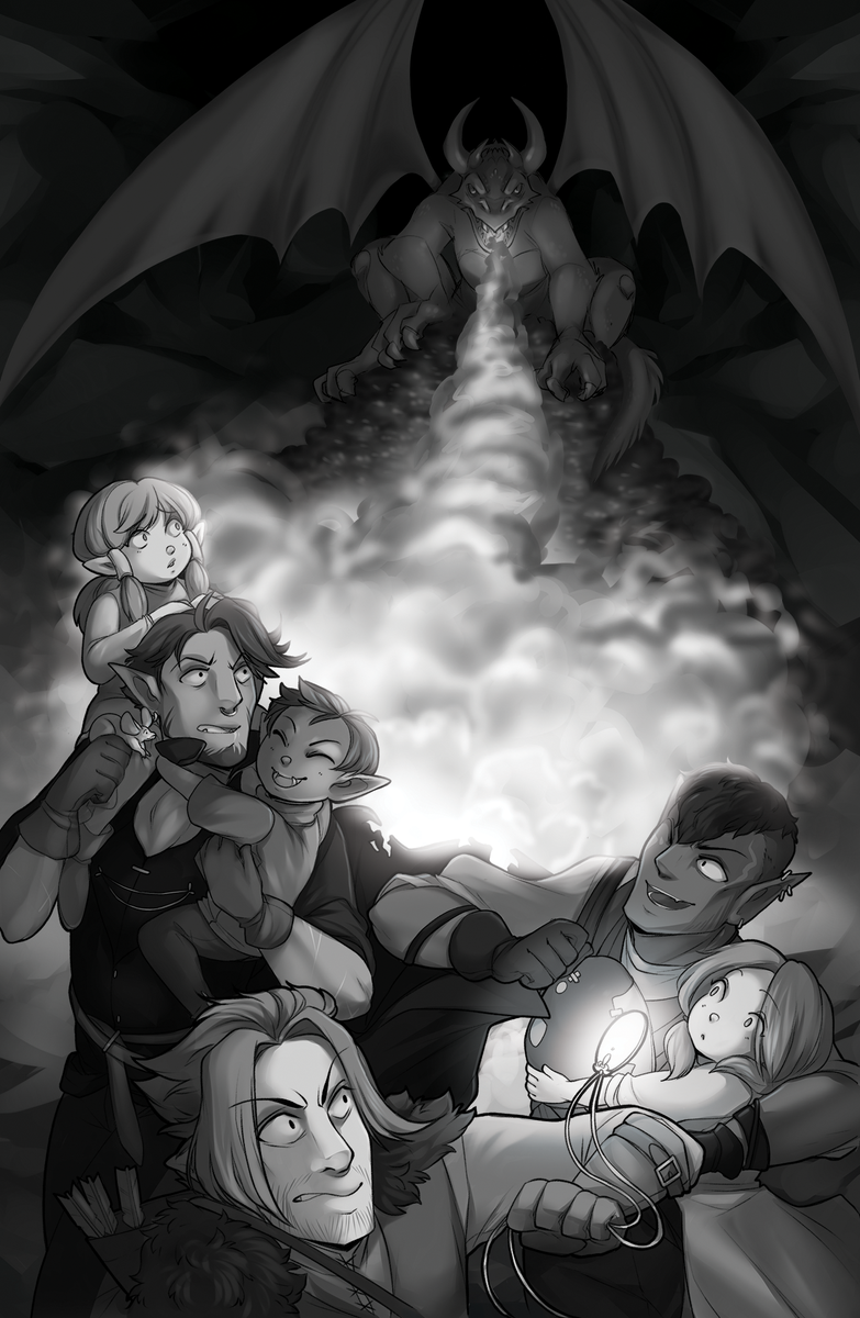 artofstudiomaz's tweet photo. My finished piece for the #aidanother zine! It was an absolute pleasure, and I love how things turned out. Feat. @ixiiee and @SiddCubed 's dumb children. #dnd #illustration #artistsontwitter #zineart https://t.co/X4ulVzLDUk