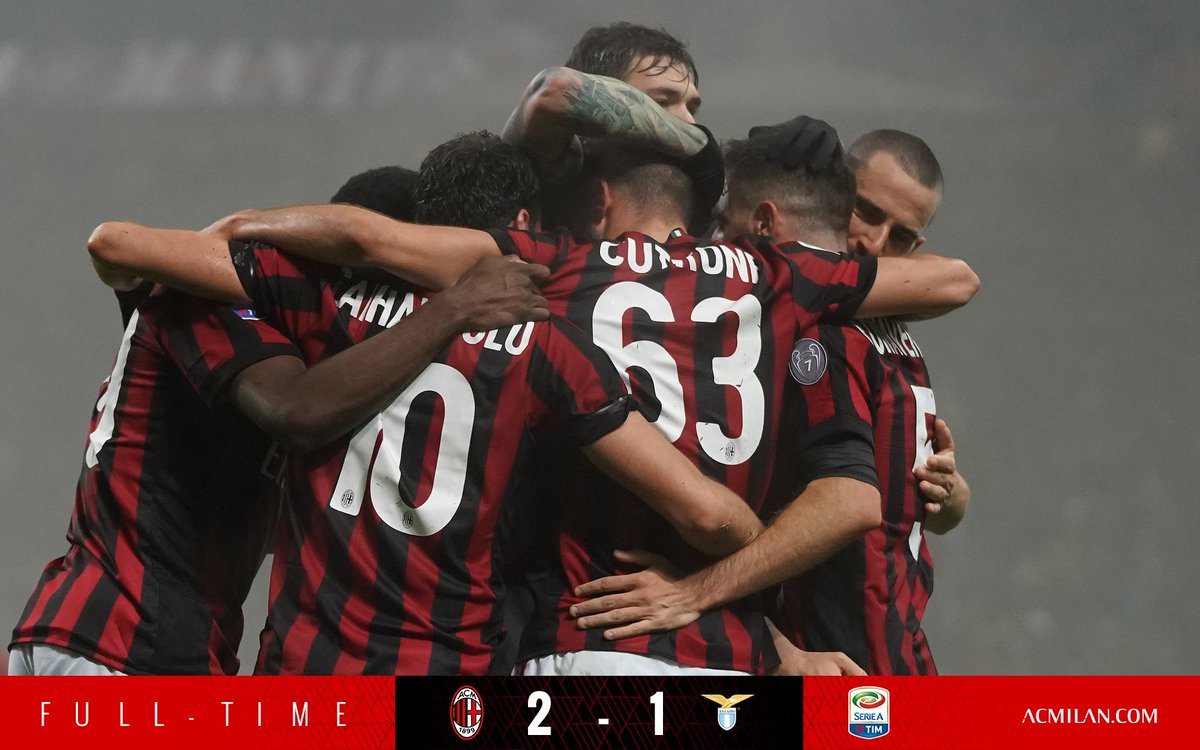 ❤️⚫️ THE END! What a performance, lads! 👏🏻👊🏻
Fischio finale! Che partita ragazzi! 😍
#MilanLazio 2-1
16' Cutrone ⚽️
44' @giacomobona ⚽️