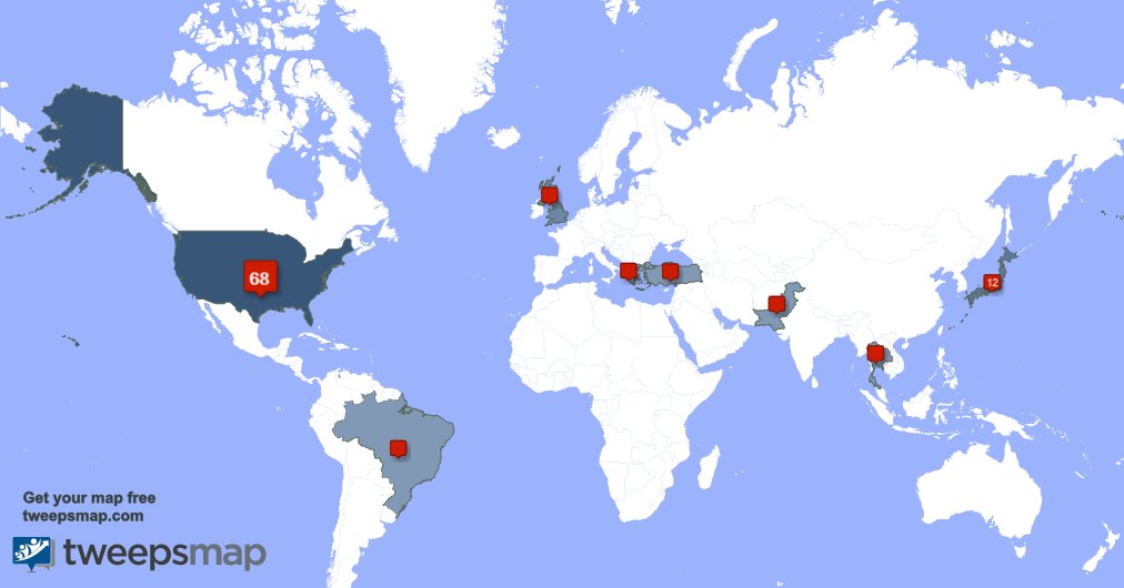 My followers live in USA (67%), Japan(12%)... Get your map: tweepsmap.com/!thatmashita