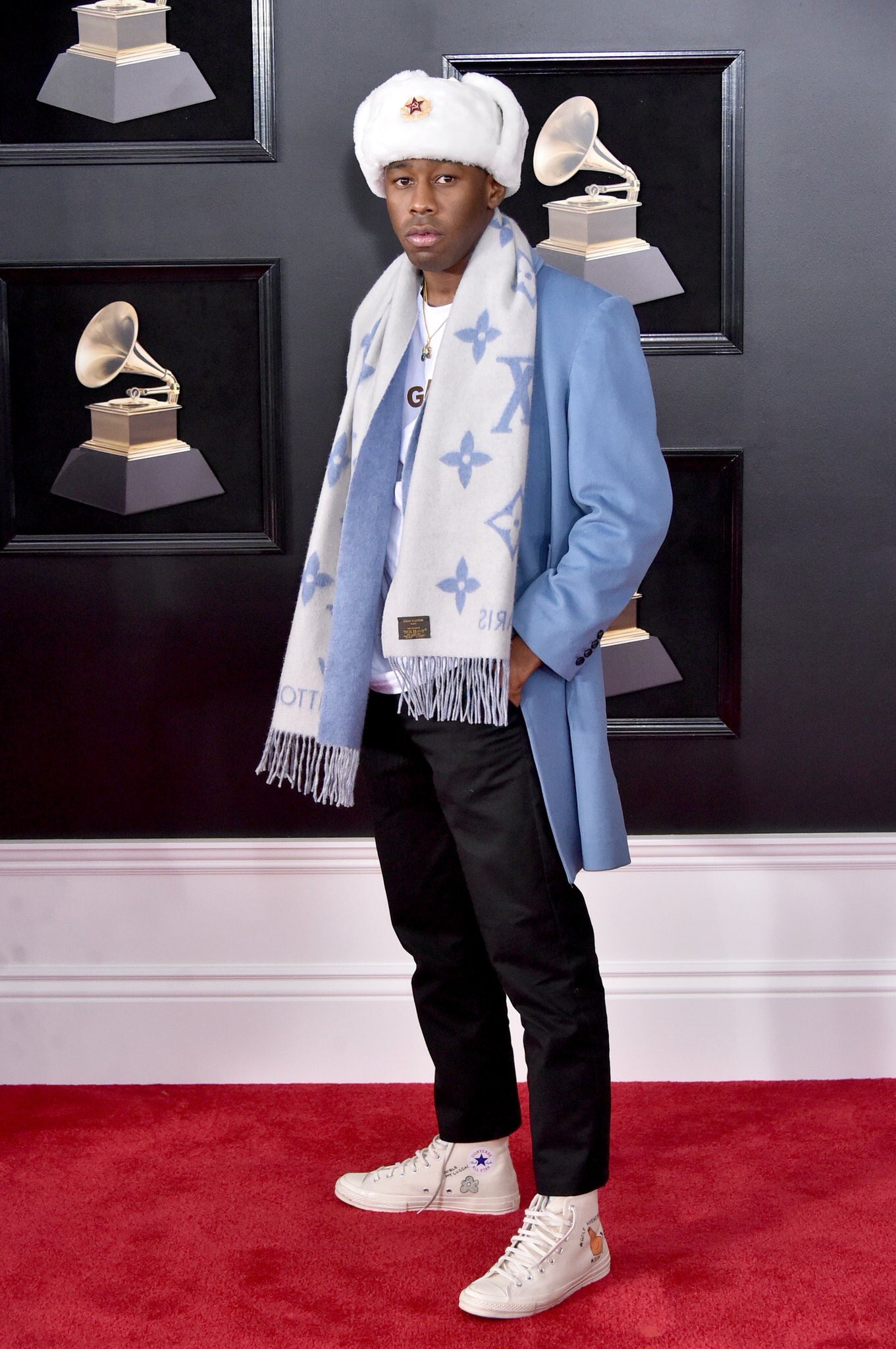 Do you like it? Tyler The Creator rocks leopard hair on the Grammys red  carpet. #TylerTheCreator #Grammys