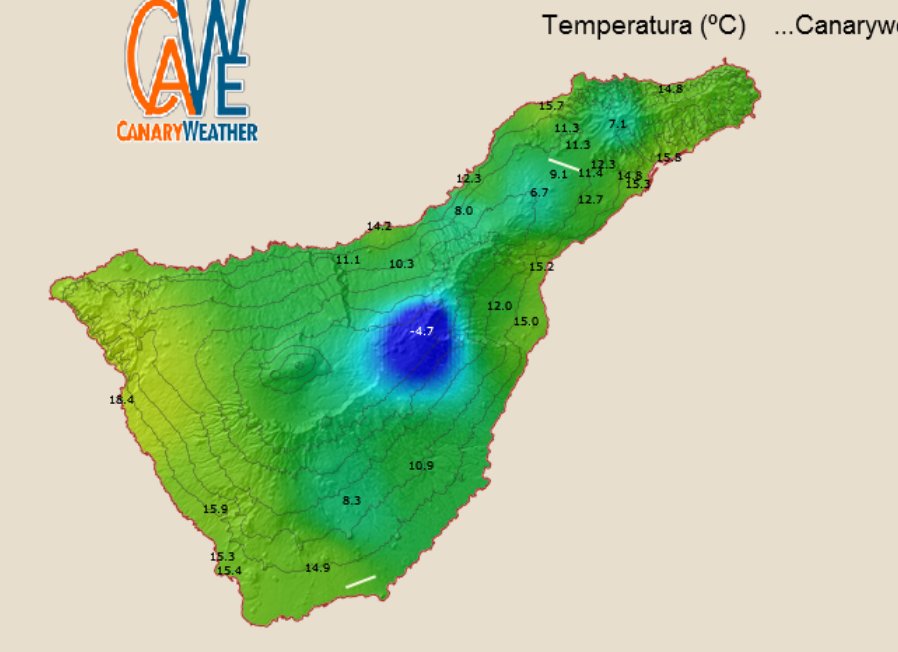 ❄ INCREÍBLE, cuando es la 1:00 a.m. de la madrugada de este Lunes, en Izaña ya se alcanzan los -4'7 C°. En algunos municipios como La Victoria no suben de 8 C°. Noche muy fría antes de la tormenta.❄