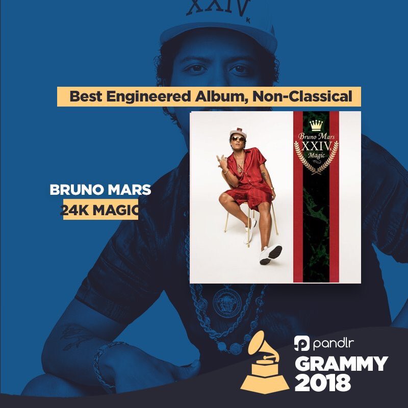 PopCrave's tweet photo. Congratulations to Bruno Mars on winning the award for Best Engineered Album, Non-Classical for '24K Magic' at the 2018 #GRAMMYs! https://t.co/IGf3p5h9w2