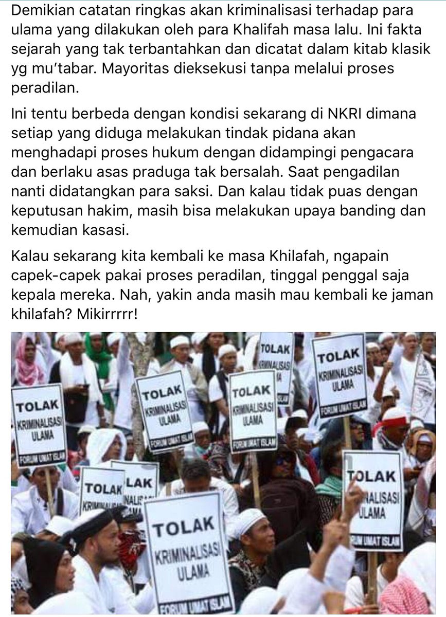 na_dirs's tweet photo. Para pendukung khilafah jaman now banyak yang menuduh terjadi kriminalisasi ulama saat ini. Tapi tahukah klean bahwa kriminalisasi ulama justru terjadi amat sangat parah pada masa khilafah dulu? Simak yuk skrinsut postingan dari facebook saya 🙏 (tolong kabari Dilan juga yah) https://t.co/2Al2pjDaq7