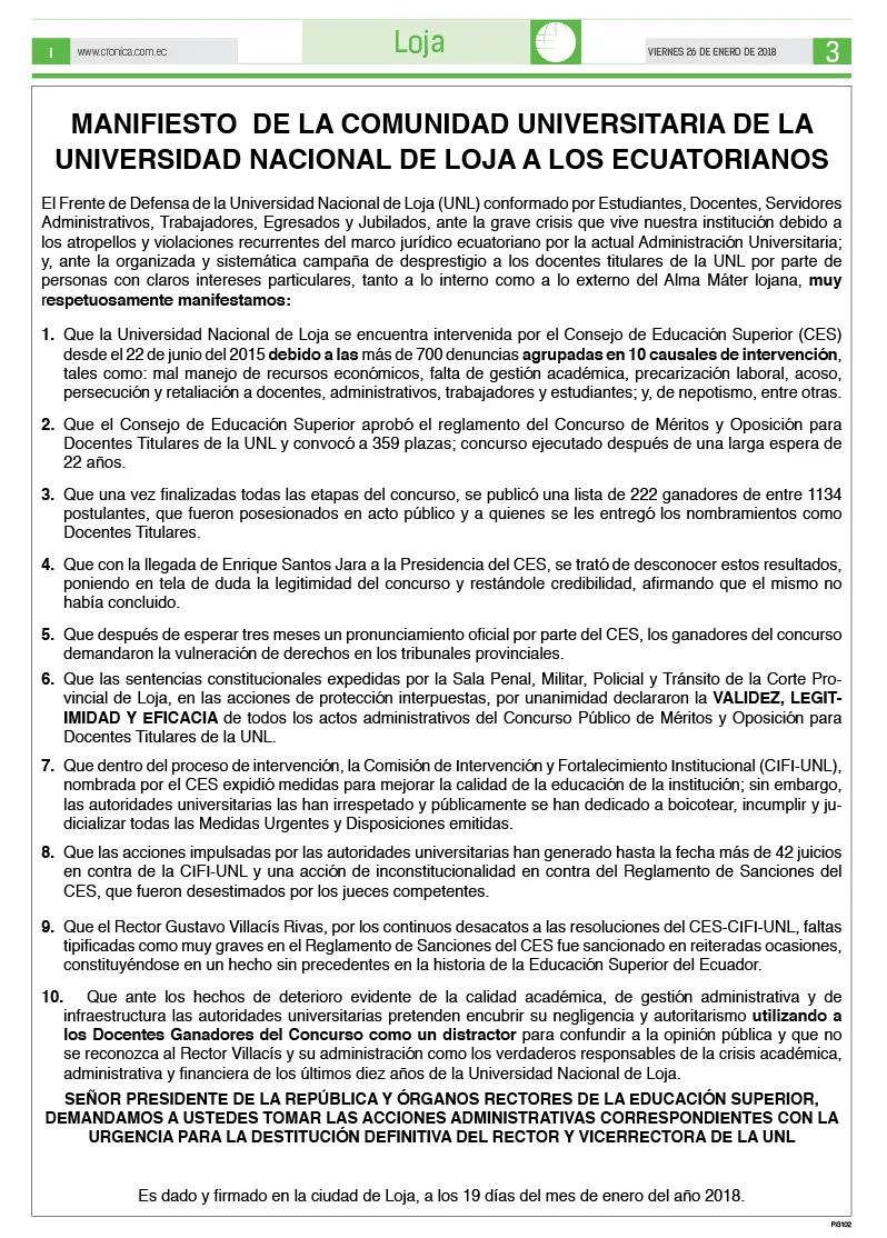 juanmaitach's tweet photo. Manifiesto de la Comunidad Universitaria de la Universidad Nacional de Loja a los Ecuatorianos
#Loja #Ecuador #CES @Lenin @ces_ec @Jeanninecruzz @EducacionAN @EduSuperiorEc @Educacion_Ec @AsambleaEcuador https://t.co/XY2wOUeF3Y