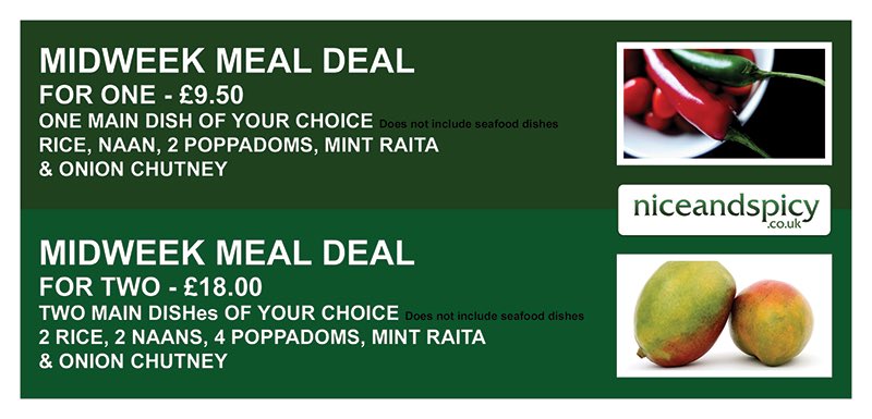 New weekly meal deal prices! There’s nothing like enjoying curry on cold nights to warm the blood #Nicenspicy #midweekmealdeal