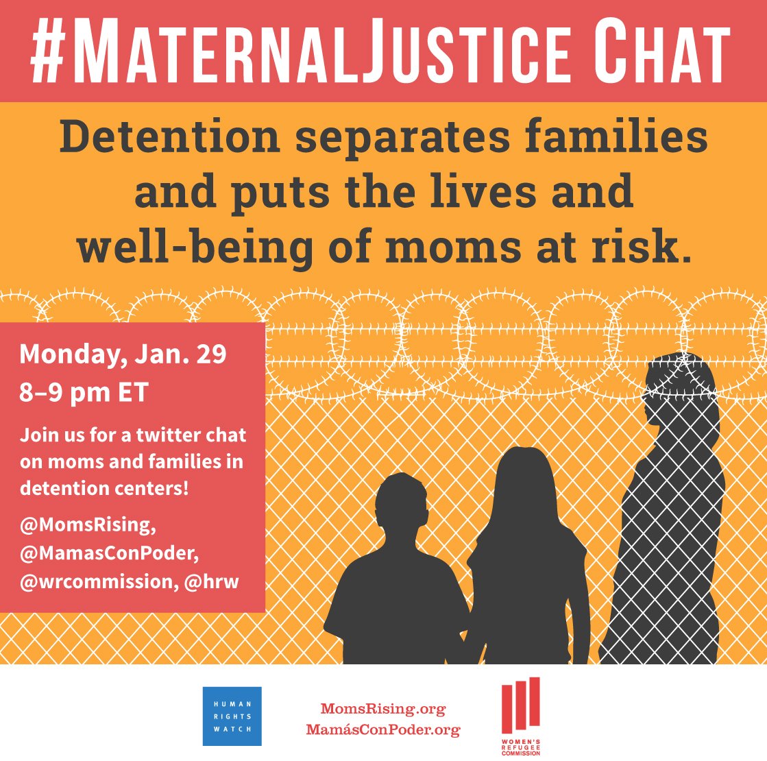 MomsRising's tweet photo. What can groups like @momsrising @MamasConPoder, @wrcommission, @domesticworkers &amp; @hrw do to stop the separation of families in detention centers? Join us 1/29 8pET @ #MaternalJustice chat to talk more about this urgent matter. https://t.co/WQFnNJ5B0G