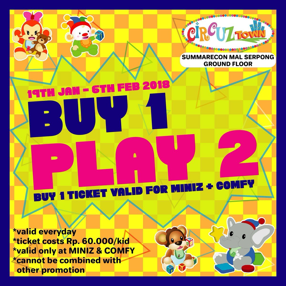 Hi, cweepz! Beli 1 tiket bisa main 2 wahana lho di CIRCUZ TOWN <a href="/SMS_Serpong/">SummareconMallSerpong</a> yeaiy!