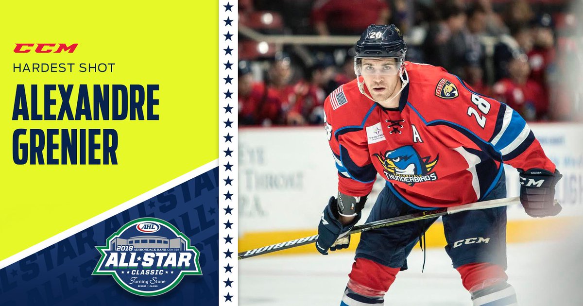 It was <a href="/greener05/">Alexandre Grenier</a> with the biggest blast in the Hardest Shot competition, firing the puck at 104.1 mph! #AHLAllStar