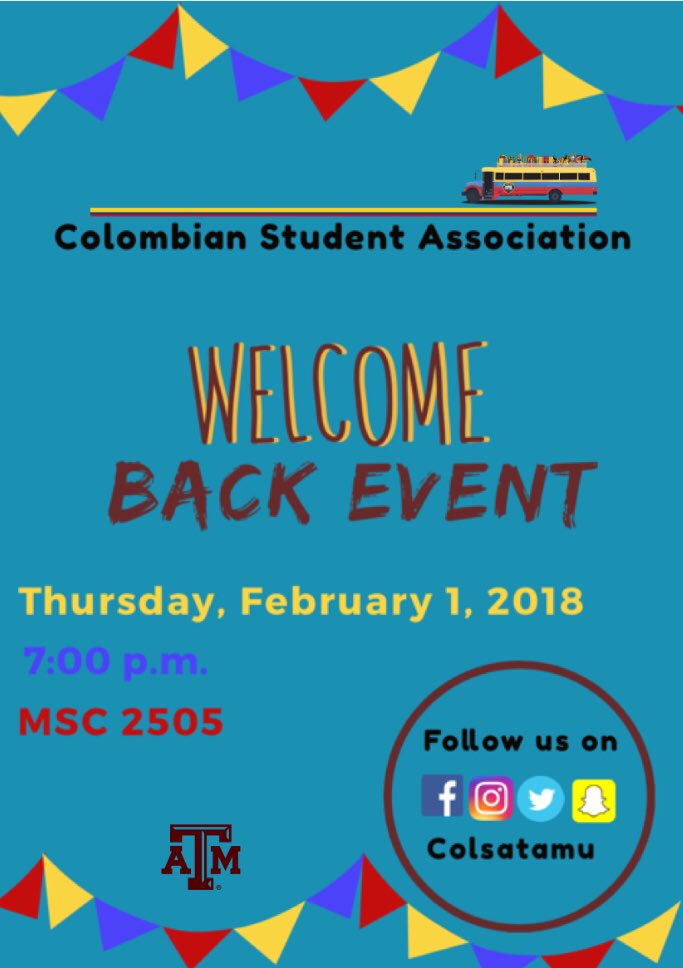 Colsatamu's tweet photo. Two weeks into the Spring semester and COLSA is ready to rock and roll ✌🏼🇨🇴 Join us this Thursday, February 1st for our first general meeting! Come mingle, learn about this semesters events and enjoy some tasty pizza! 🍕 We hope to see you there! #colstamu https://t.co/SlNhH9hrAr