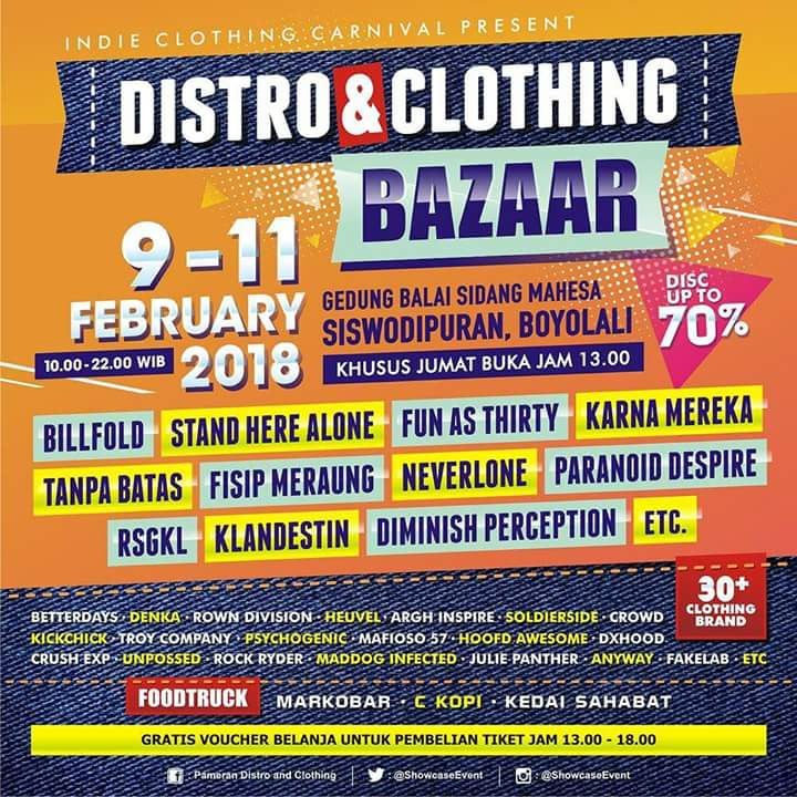 H-11 #BOYOLALI
9-11 Februari 2018
DISTRO &amp; CLOTHING BAZAAR
At Gedung Balai Sidang Mahesa
Siswodipuran, Boyolali