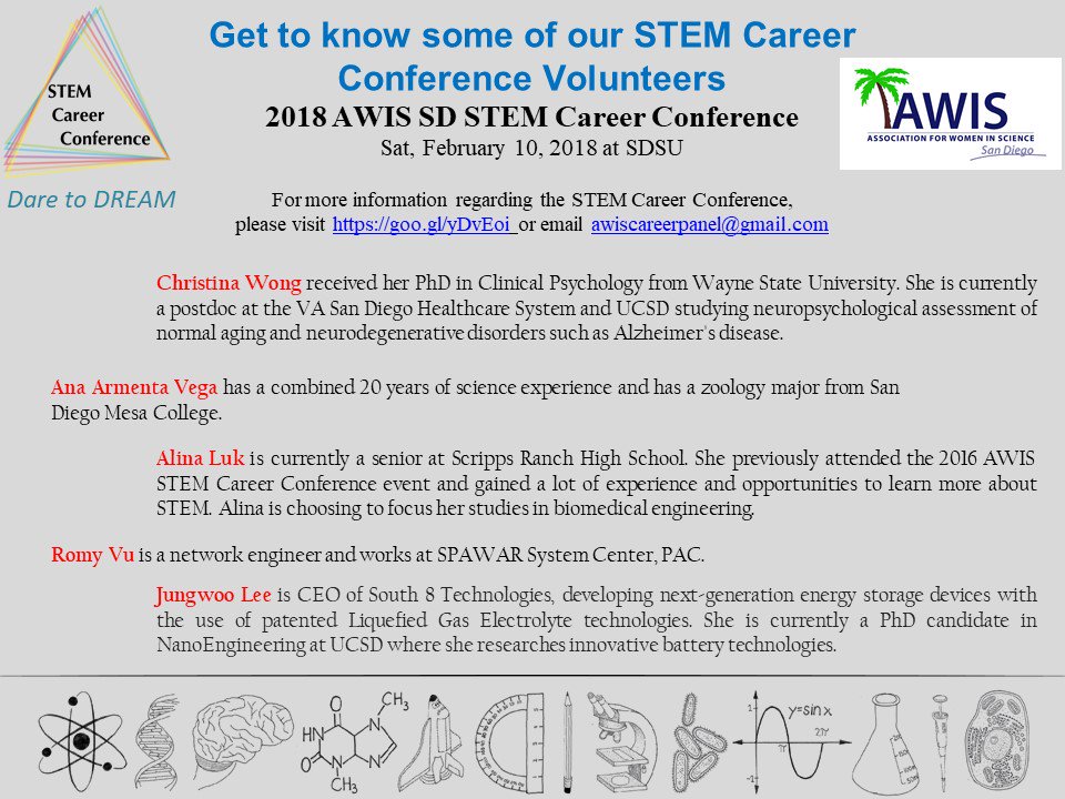 AWISsd's tweet photo. We are excited for our 2018 AWIS SD STEM Career Conference on February 10, 2018! Get to know some of our #InspireSTEM volunteers for this event!
#STEMLeaders #EmpowerSTEM #STEMMentors #STEMWorkshop
#STEMCareers https://t.co/TgIO54pk8q