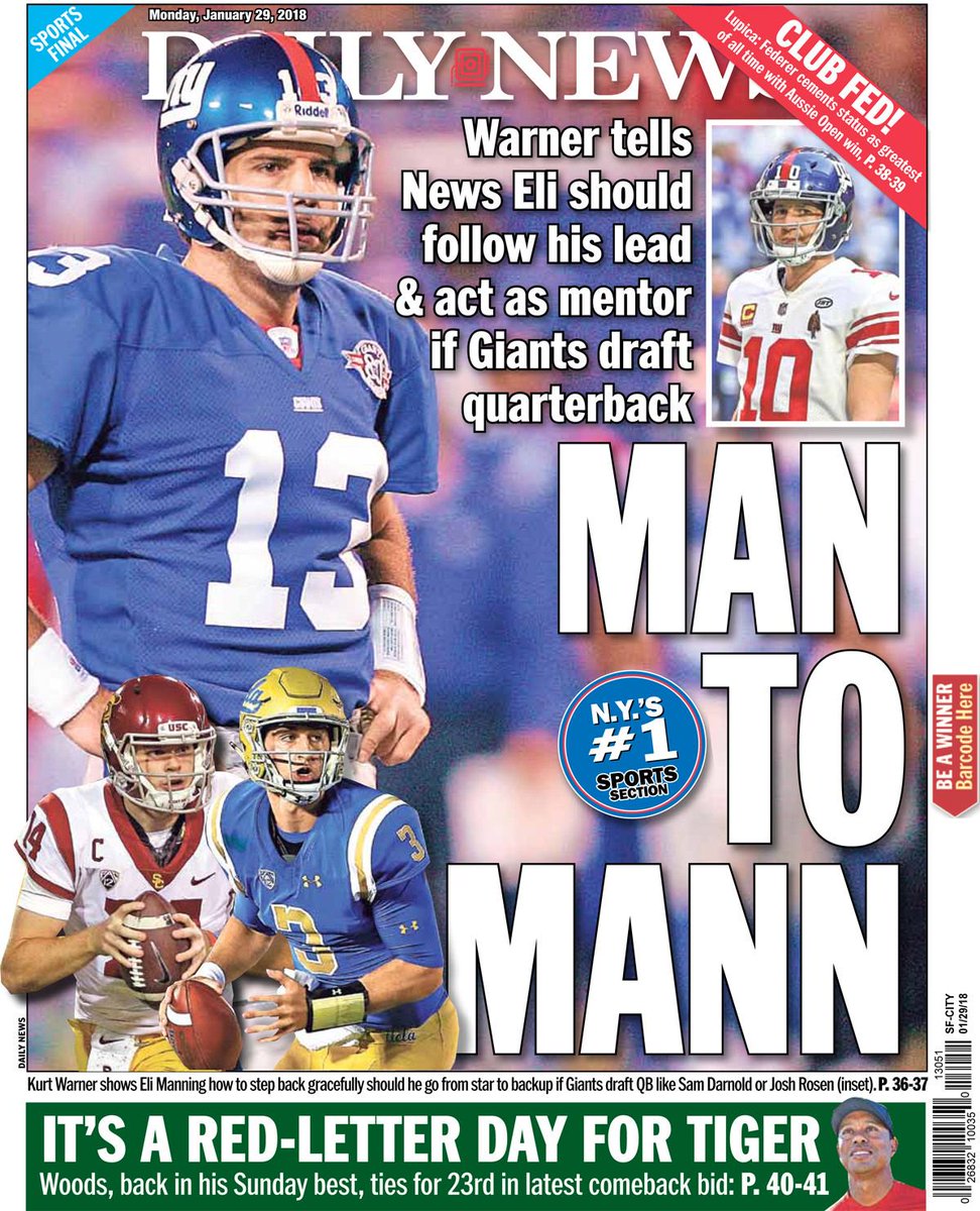 Our @NYDNSports back page: Kurt Warner tells The News' @garymyersNYDN that Eli Manning should follow his example and act as a mentor if the Giants draft a quarterback. Read it in Monday's @NYDailyNews or online at nydn.us/2nkBDyA