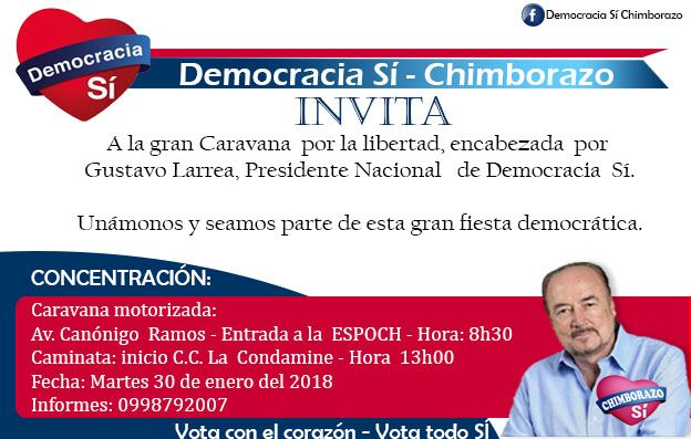 Chimborazo_SI's tweet photo. #DemocraciaSí #Chimborazo Invita a la Caravana de la Libertad Martes 30 de Enero 2018 08:30 am. Av. Canonigo Ramos Puerta de ESpoch #Riobamba #Chambo #Guamote #Pallatanga #Bucay #Penipe #Guano #Alausí #Chunchi #Colta #SiconLenin https://t.co/Jwa4zTMk1j