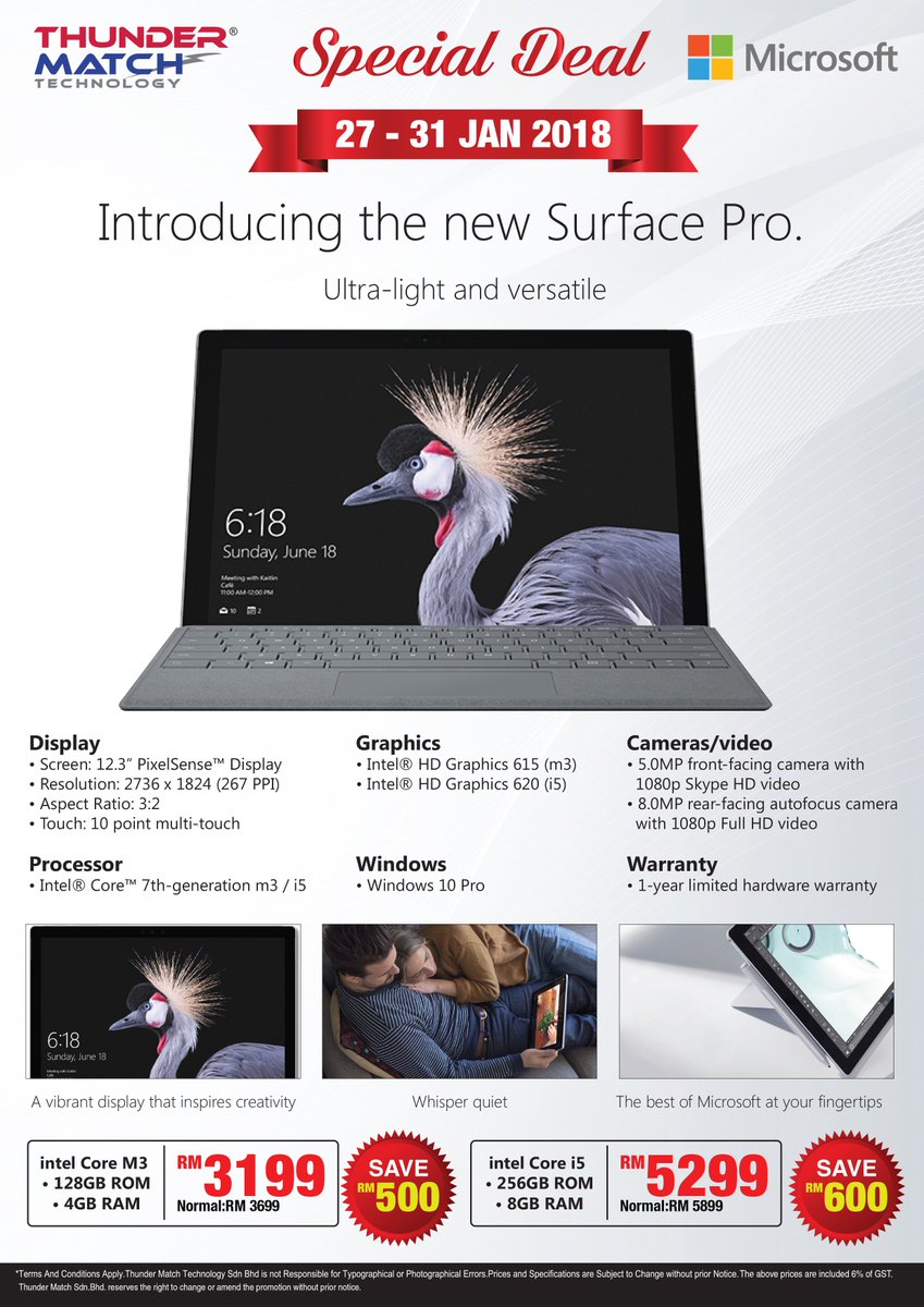 ThunderMatch's tweet image. 🚨 LIMITED TIME ONLY OFFER 🚨 for Surface Pro M3 and i5 256GB !!

Enjoy discount up to RM 600 off from 27th – 31st January 2018!

Get yours now at selected Thunder Match stores : goo.gl/tKDL2b

#microsoft #surfacepro #pclaptop #LimitedTimeOffer #ThunderMatch