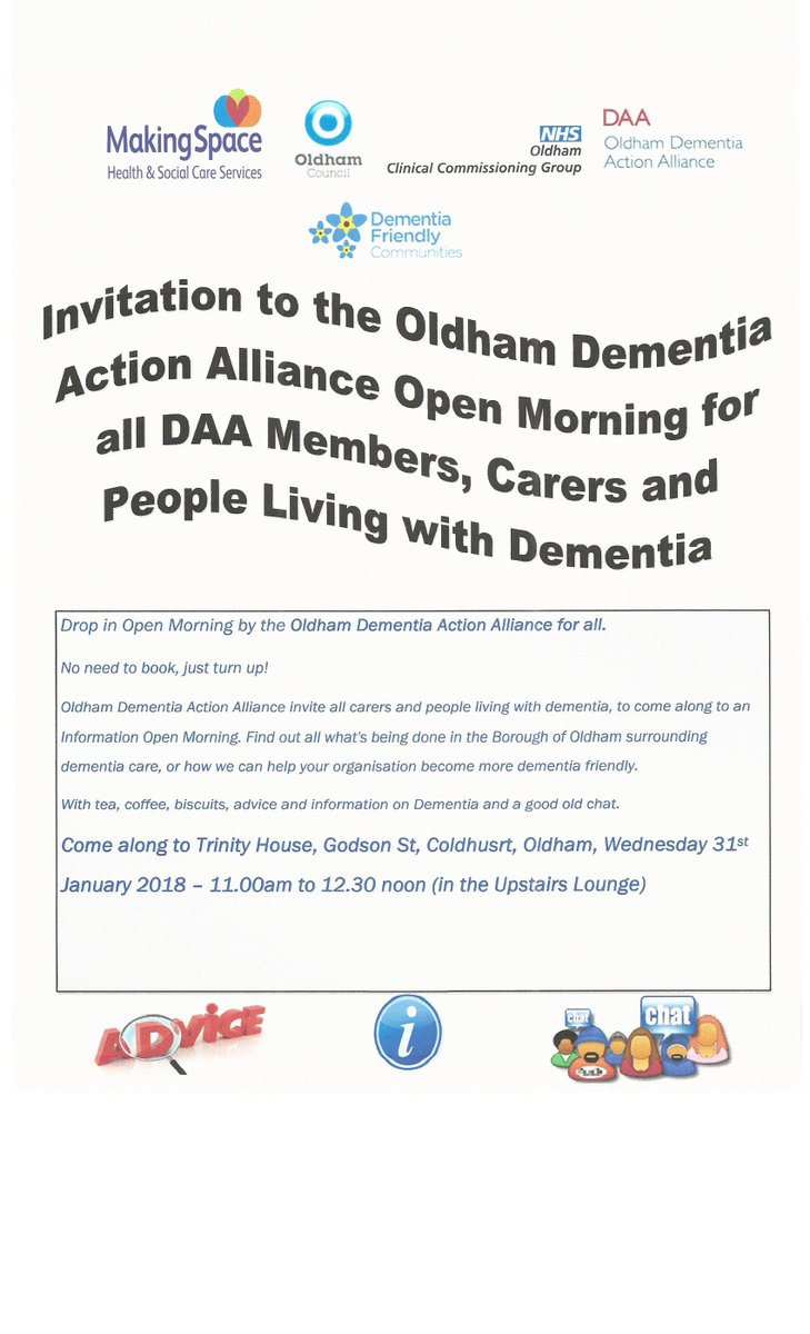 Oldham_DAA's tweet photo. All invited to the Oldham Dementia Action Alliance - Awareness Open Session from 11am to 12.30pm on the 31st January 2018 at Trinity House, Godson St, Coldhurst, Oldham, OL1 2XL https://t.co/EgzNT7Ozgr
