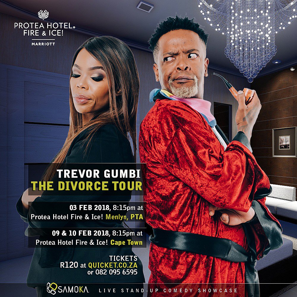 SAMOKA_SA's tweet image. Retweet &amp;amp; U could WIN 2 tickets to @trevorgumbi LiVE in #TheDivorceTour 3Feb18 in #Menlyn incl A 1 Night Stay for 2 @FireandIceME Could Be YOU! link for tickets 👇 qkt.io/DivorceTourPTA