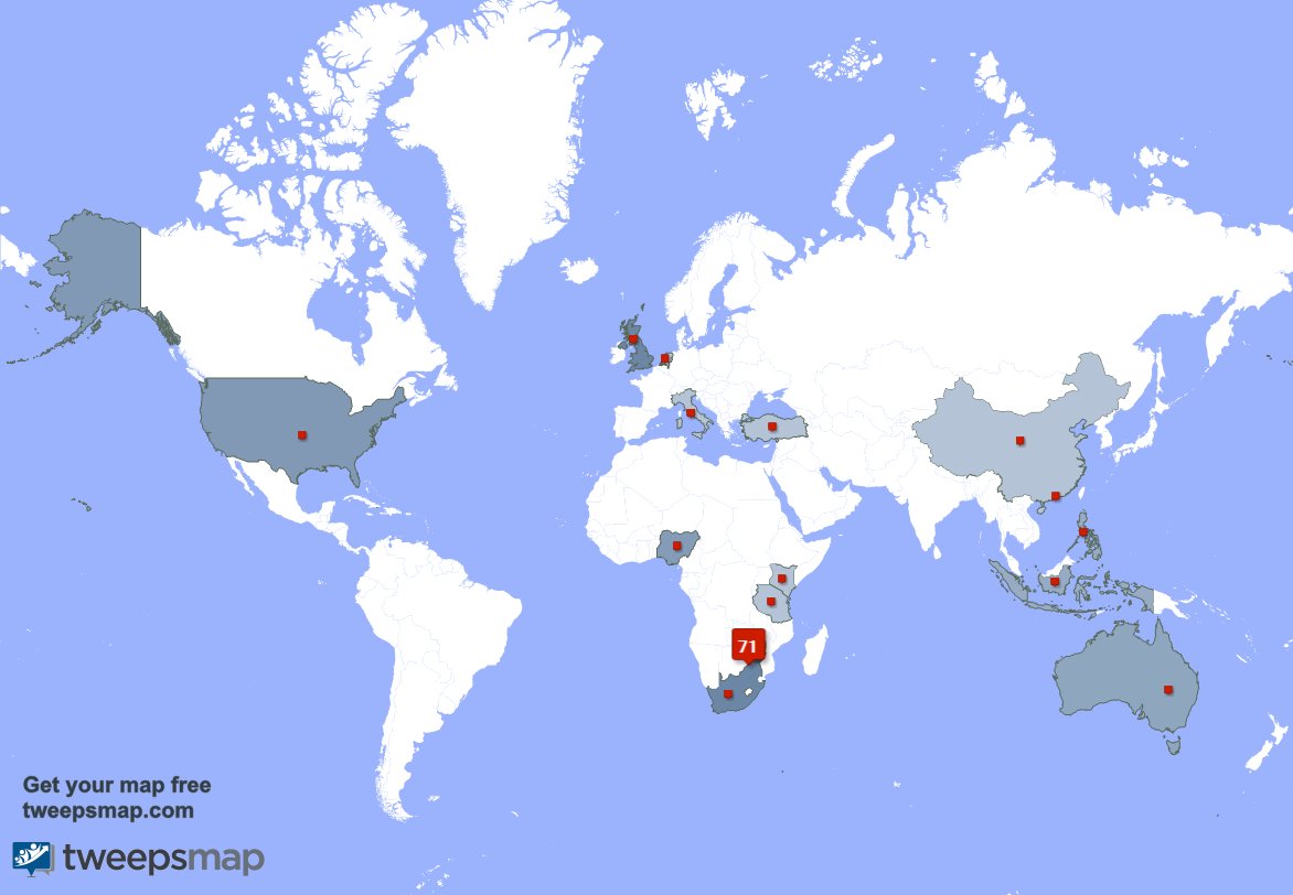 WedDirectoryZW's tweet photo. My followers live in 15 countries: Zimbabwe(68%), UK.(7%)... https://t.co/KIxgauyfGp Get your free map! https://t.co/kJZ3zOqX7b