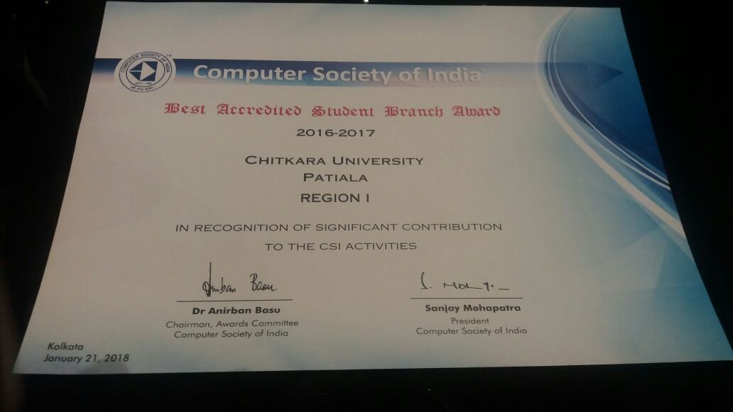 ChitkaraU's tweet photo. Mr Jaswinder Singh, SBC-CSI student Chapter, Department of #ComputerApplications, @ChitkaraU received ”CSI Best Accredited Student Branch Award" for @ChitkaraU in the 52nd annual convention of computer society of India (CSI-2017) @ScienceCityKol. #CSI2017 #ChitkaraUniversity https://t.co/NWGwlVtELV