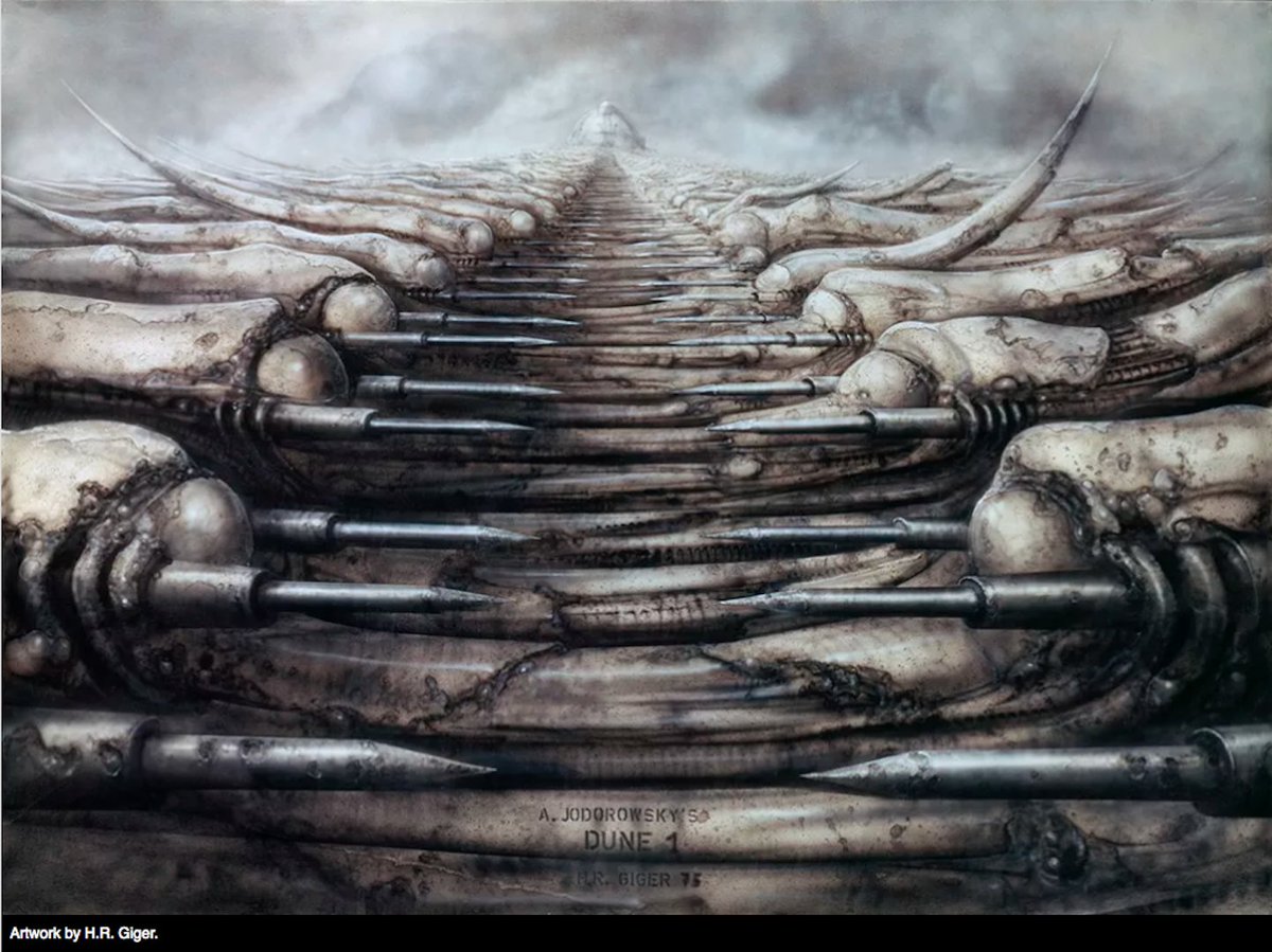 The biggest sci-fi epic NEVER made. Ten years before David Lynch, director A.Jodorowsky attempted to make the film DUNE with designs by H.R Giger (Alien). $2 million was blown on a 14-hour long script & the studio abandoned it. This is the forgotten concept art of Dune by Giger