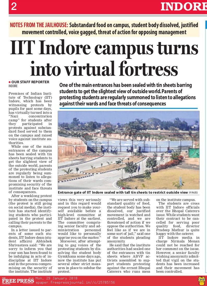 maharana1111's tweet photo. @rastrapatibhvn @PMOIndia @HRDMinistry Please look at the problems of #iit_indore. Will you still look the other way ? Free press journal Indore Ed. #saveiitindore https://t.co/YV12e1jldq