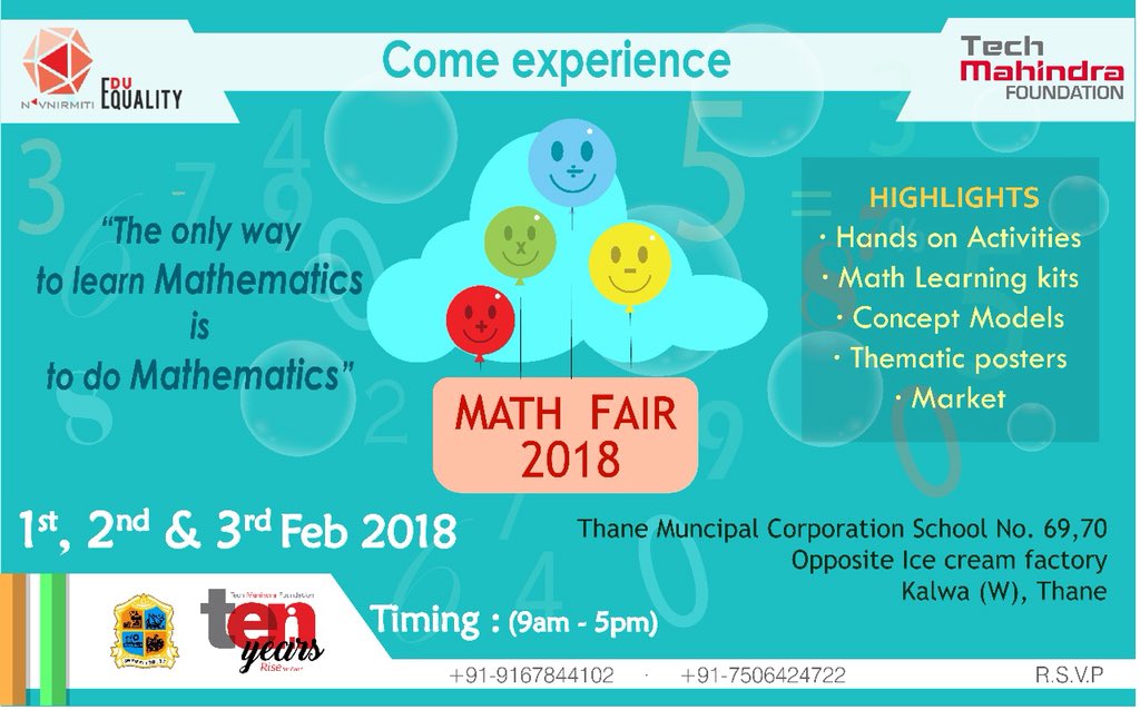 techmahindracsr's tweet photo. We’re bringing together 14 schools from the Thane Municipal Corp. to make learning Maths a fun, hands-on activity. Join us for the Math fair.  #shikshaantar #creatinghappierclassrooms #RiseforGood https://t.co/jARM62OCnD