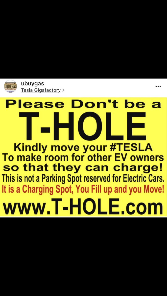 evholes's tweet photo. When you get your #Tesla #Model3 can you please read the #EVsigns - An #EVcharging Spot is to CHARGE!!! Not to just Park. Please donโt be an #EVHOLE or #T_HOLE #TeslaModel3 #TeslaLife #ElectricVehicles #ElectricCar #flamethrower #BoringCompany https://t.co/vWgYSTyKq4 @elonmusk https://t.co/CmXCiu4eCf