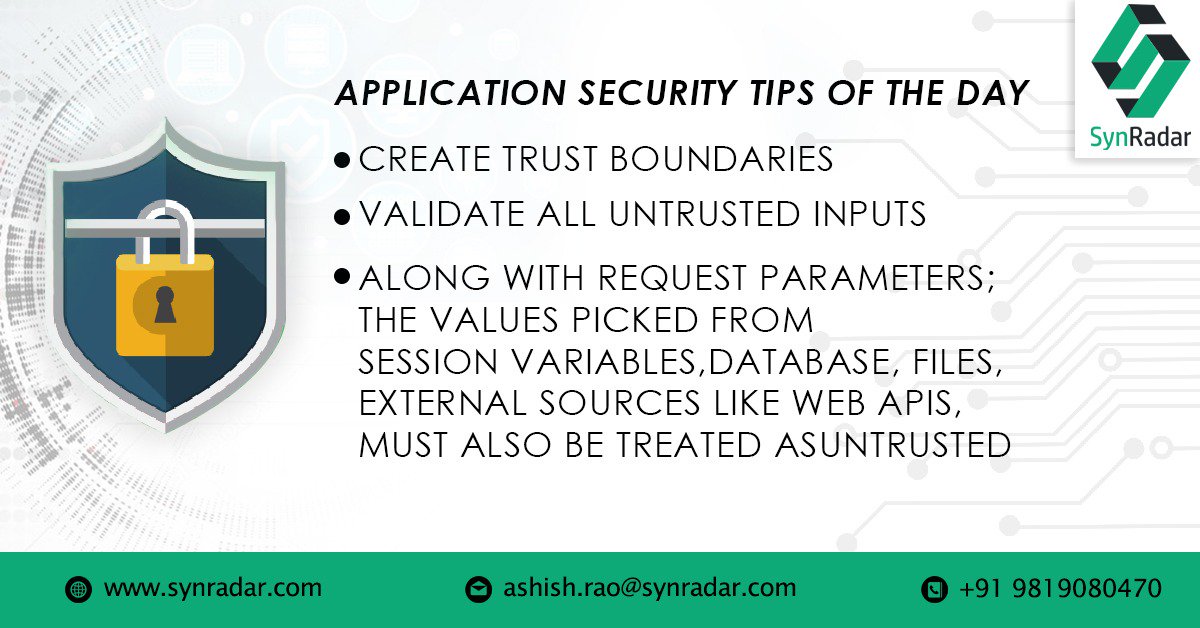 SynRadar's tweet photo. Don't wait until #application #security becomes your top-notch priority.
Follow our useful #Tips to build #applications securely. 
#securebeforerelease #appsec #appsecuritytips https://t.co/piIkrRdRUD